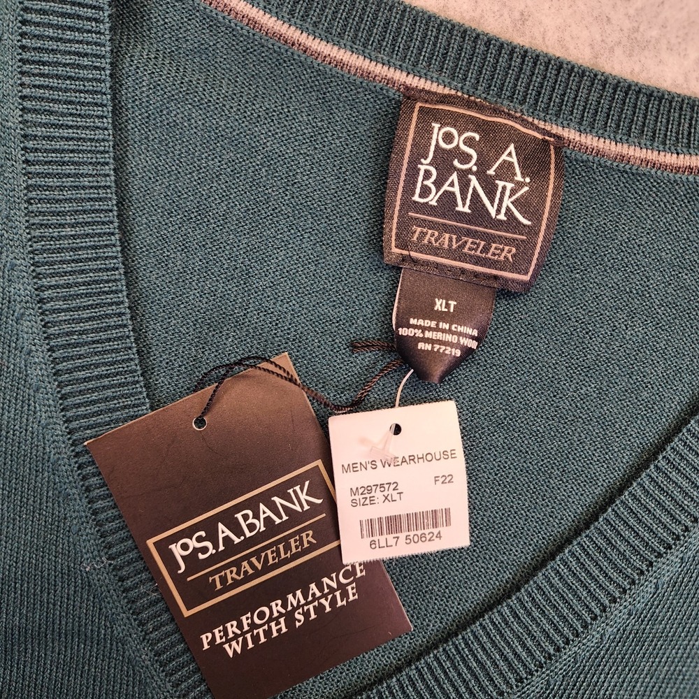 Jos A Bank Traveler‎ Mens XLT 100% Merino Wool V Neck Green Sweater Classic - Picture 4 of 7